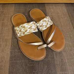 Tan and Cream Slip-On Sandals with Braided Strap